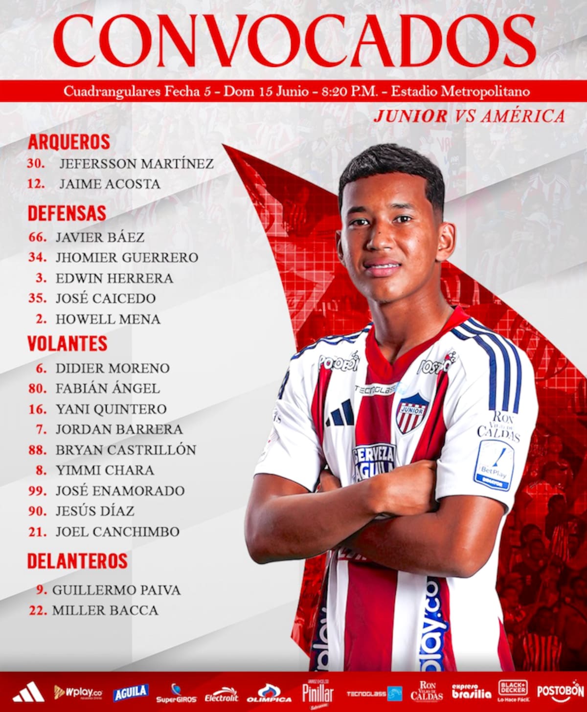 Estos son los 18 jugadores convocados por el técnico César Farias para el partido de Junior frente a América de Cali.//Cortesía.