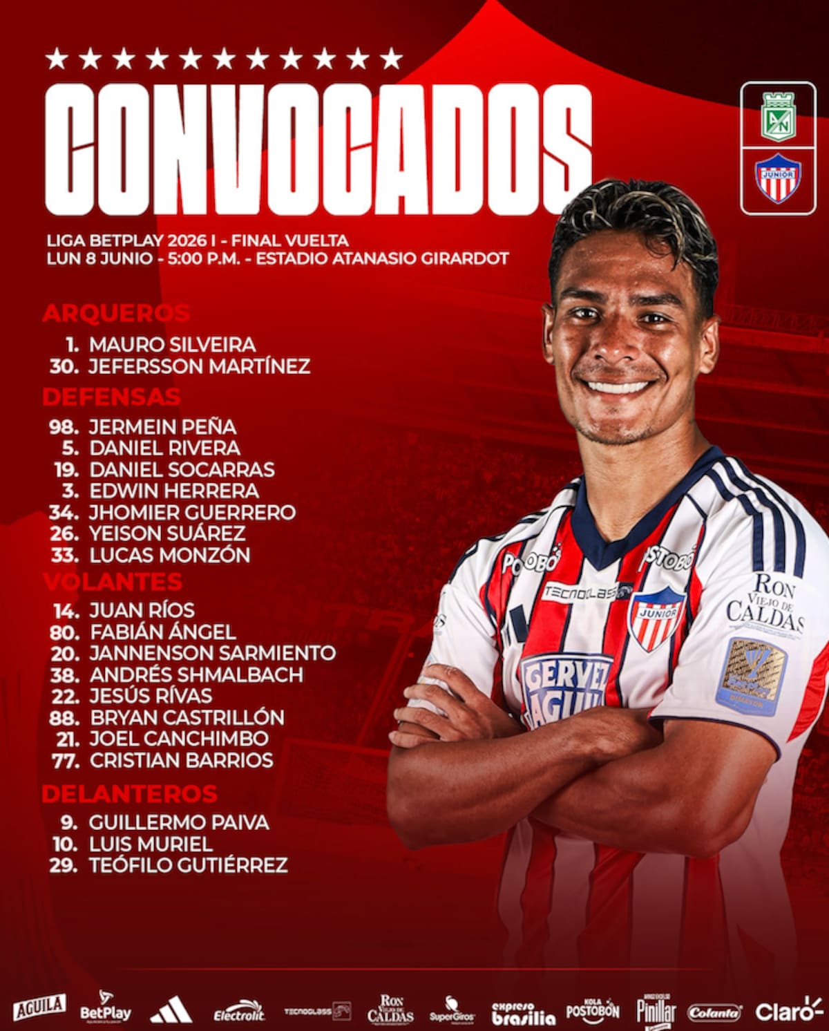 sta es la lista de jugadores convocados por Junior de Barranquilla para el partido de vuelta este lunes ante Atlántico Nacional por la final del Torneo Apertura de la Liga BetPlay Dimayor.//Cortesía @JuniorClubSA