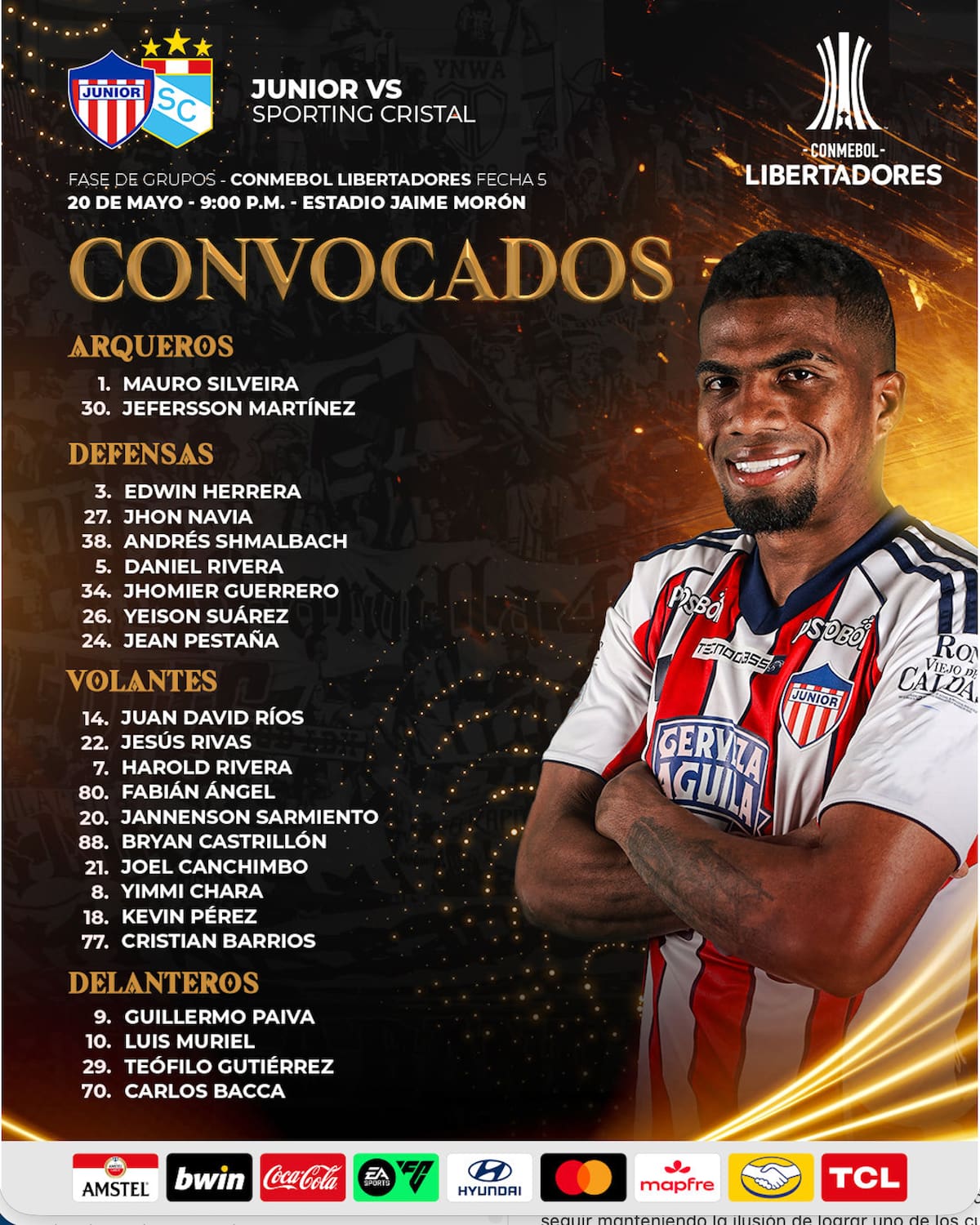Esta es la lista de los jugadores de Junior que el técnico Alfredo Arias convocó para el partido por el Grupo F de la Copa Conmebol Libertadores ante Sporting Cristal del Perú.//@JuniorClubSA.