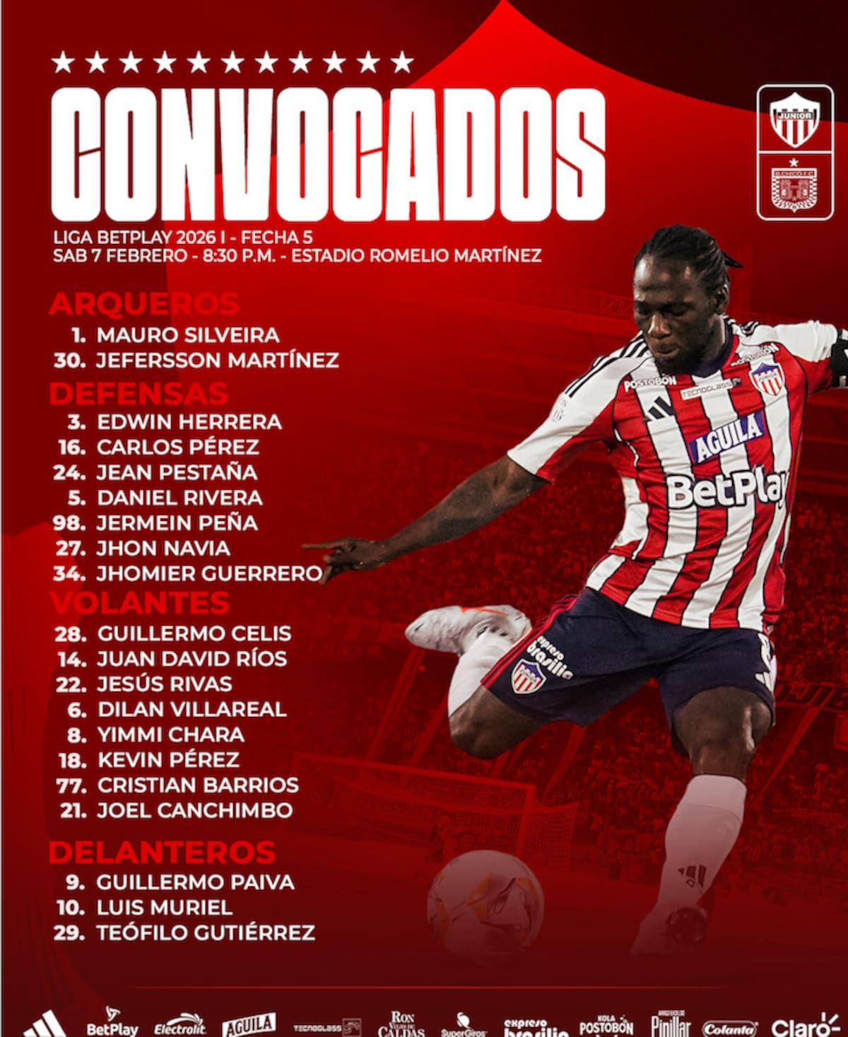 Este es el grupo de 20 jugadores que fueron convocados por Junior para el partido ante Boyacá Chicó.//Cortesía @JuniorClubSA.