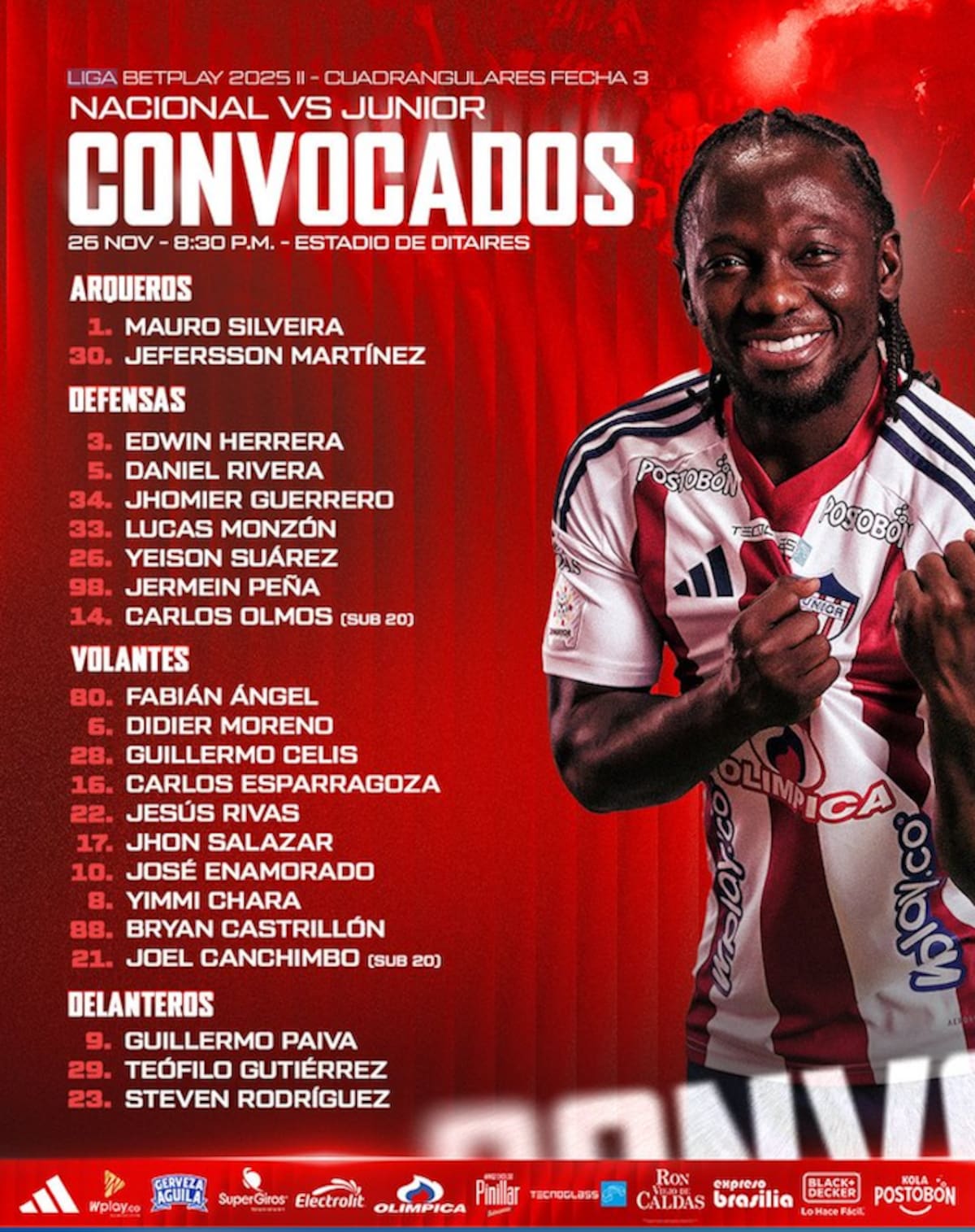 Lista de convocados por Junior de Barranquilla para el partido ante Nacional por la fecha tres del Grupo A de la semifinal de la Liga BetPlay Dimayor.//Cortesía @JuniorClubSA.