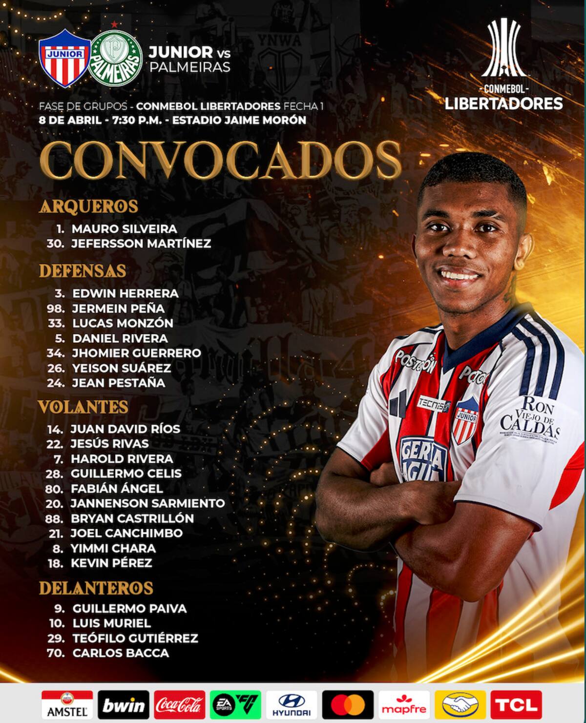 Esta es la lista de los 23 jugadores que Junior de Barranquilla convocó para e juego de esta noche frente a Palmeriras por Copa Conmebol Libertadores 2025.//Cortesía @JuniorClubSA.