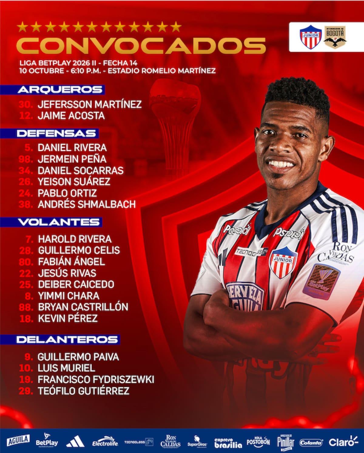 Estos son los 20 jugadores que Junior convocó para el partido de este sábado en el Romelio Martínez frente a Internacional de Bogotá, por la fecha 14 de la Liga BetPlay Dimayor.//Cortesía @JuniorClubSA.