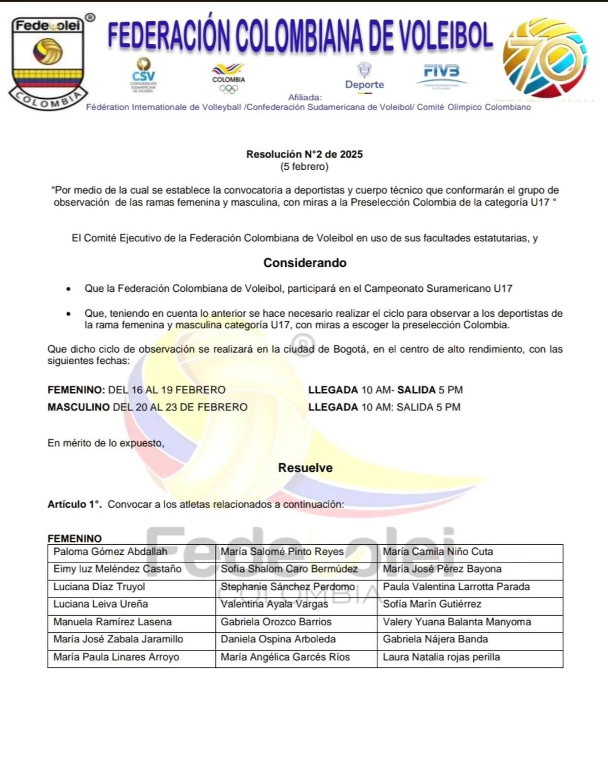 Convocatoria Voleibol femenino para Suramericano U-17.//CORTESÍA