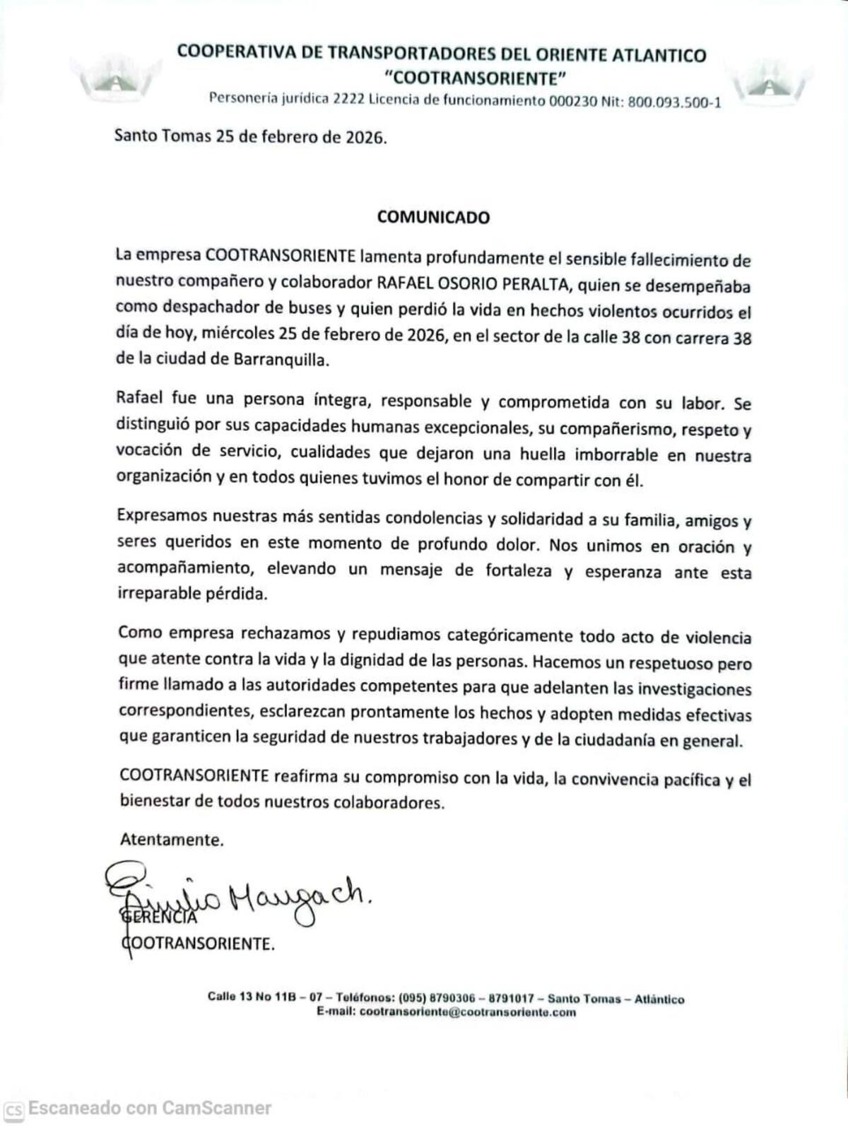 El pronunciamiento de la Empresa de buses Cootransoriente. //FOTO: CORTESÍA.