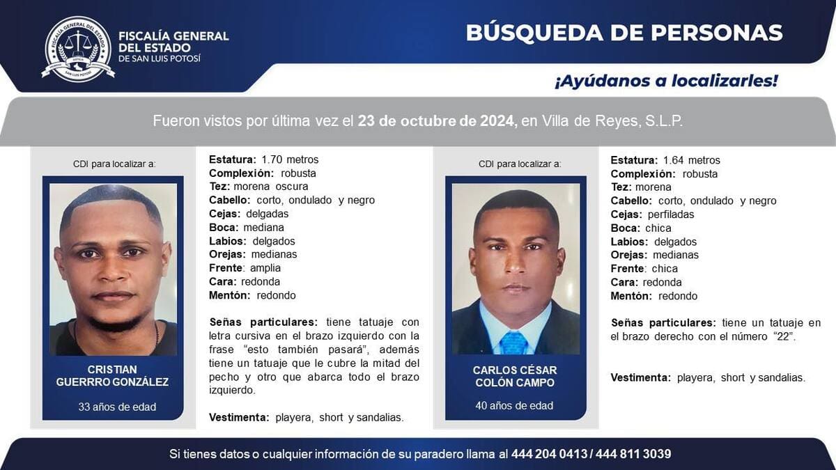 La desaparición de Cristian Guerrero y Carlos Colón fue denunciada ante la Fiscalía General del Estado de San Luis Potosí. // Cortesía - Familia