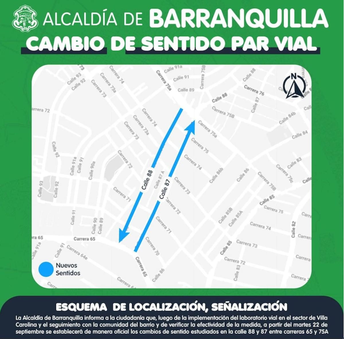 La calle 88 entre carreras 65 y 75A será de un solo sentido vial en sentido norte-sur, y la Calle 87 entre carreras 65 y 75A igualmente, un solo sentido de sur-norte.//Cortesía Alcaldía de Barranquilla.