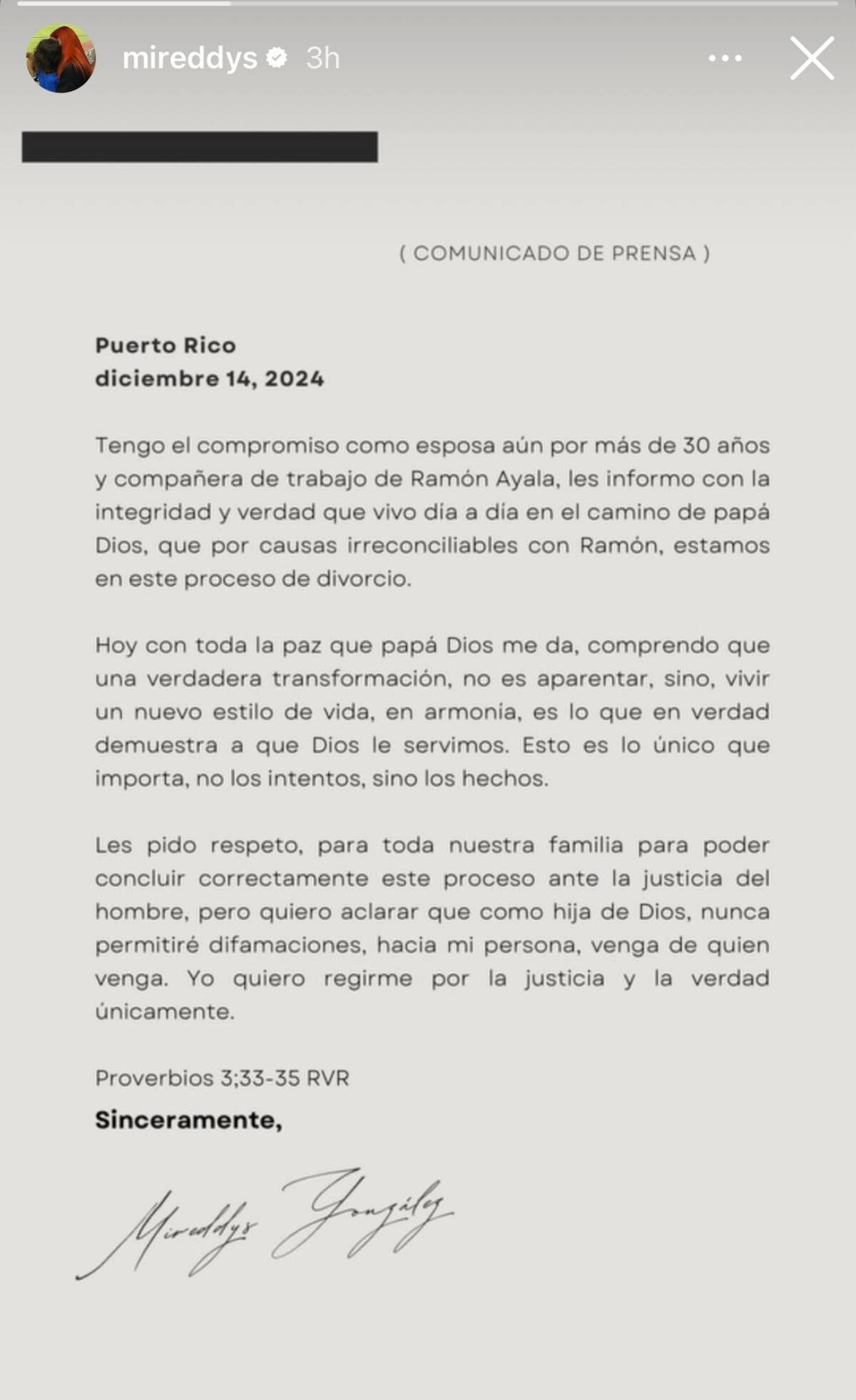 Comunicado de Mireddys González sobre su divorcio con Daddy Yankee. //Foto: tomada de redes sociales.