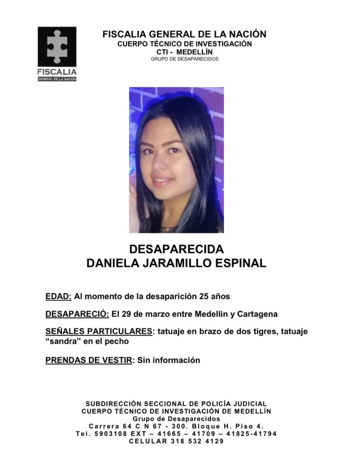 Afiche de la Fiscalía General sobre a desaparición de Daniela Jaramillo. //Cortesía Fiscalía