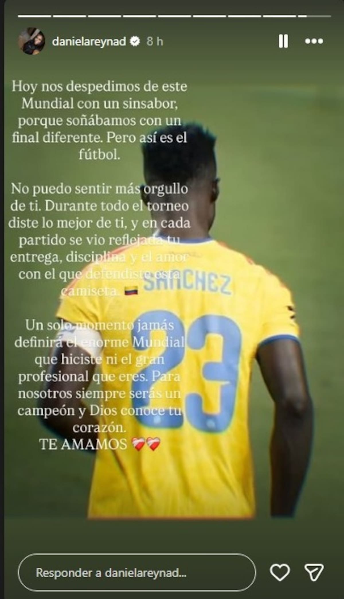 Daniela Reyna dedicó sentido mensaje a Davinson Sánchez. //Foto: captura de pantalla.