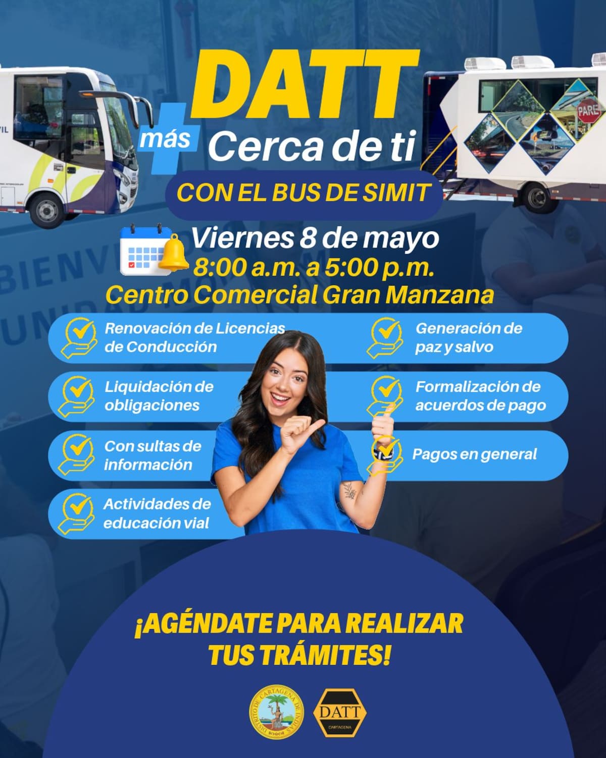 Los servicios que se ofrecerán en el bus interactivo del SIMIT en el Centro Comercial Gran Manzana, el 8 de mayo de 2026. // Foto: Cortesía - Alcaldía de Cartagena.