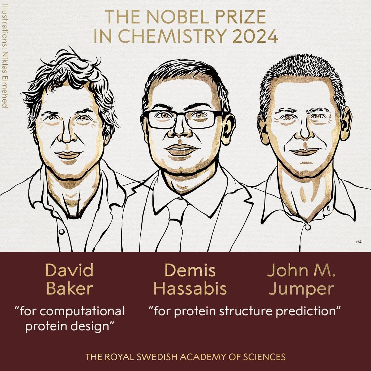David Baker, Demis Hassabis y John M. Jumper, Premio Nobel de Química 2024. // Foto: Colprensa.