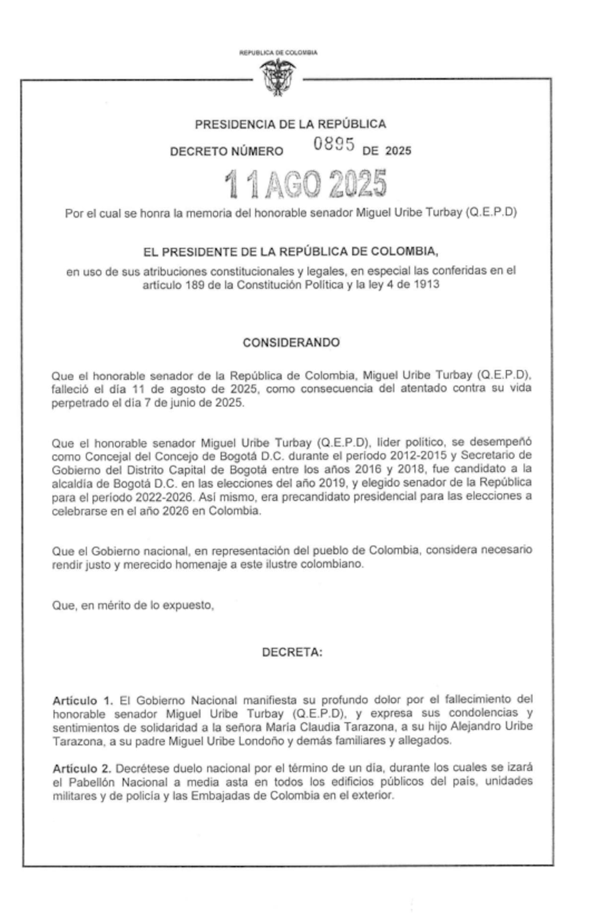 Colombia declara un día de duelo nacional tras muerte de Miguel Uribe Turbay. // Foto: tomada de internet