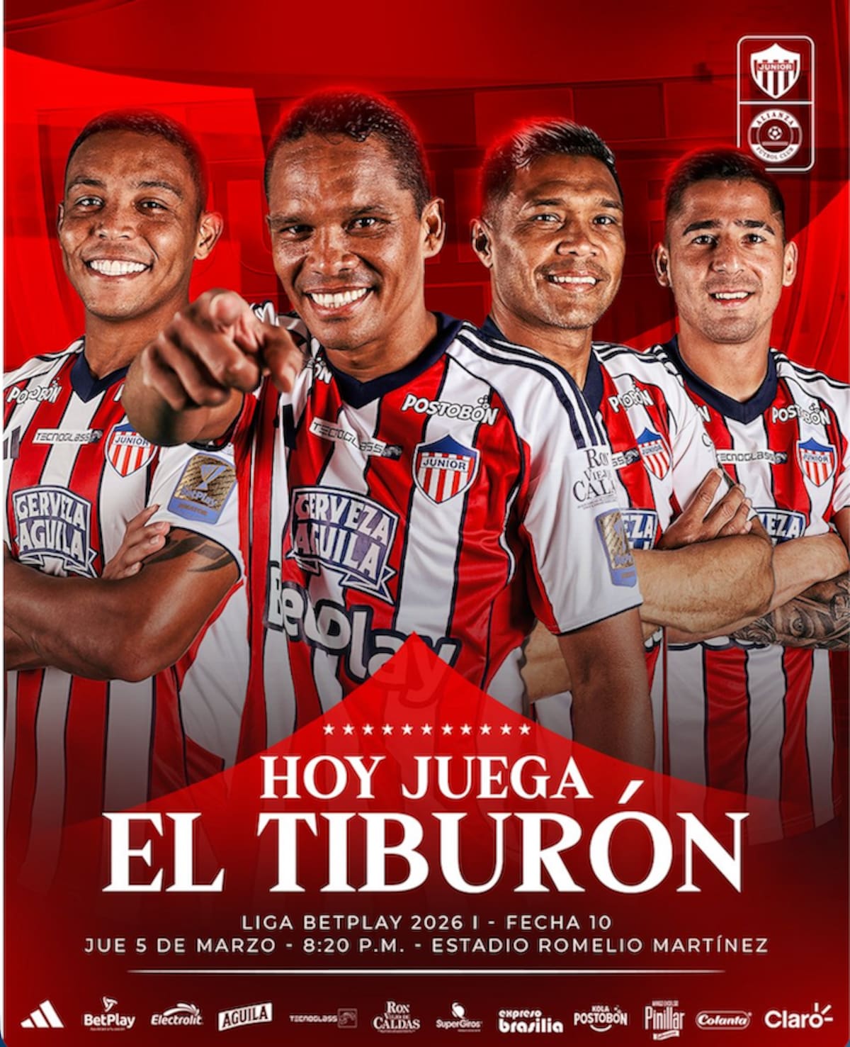 Luis Fernando Muriel, Carlos Bacca, Teo Gutiérrez y Guillermo Paiva están en la lista de jugadores convocados por Junior para el juego de este jueves ante Alianza de Valledupar.//Cortesía @JuniorClubSA.