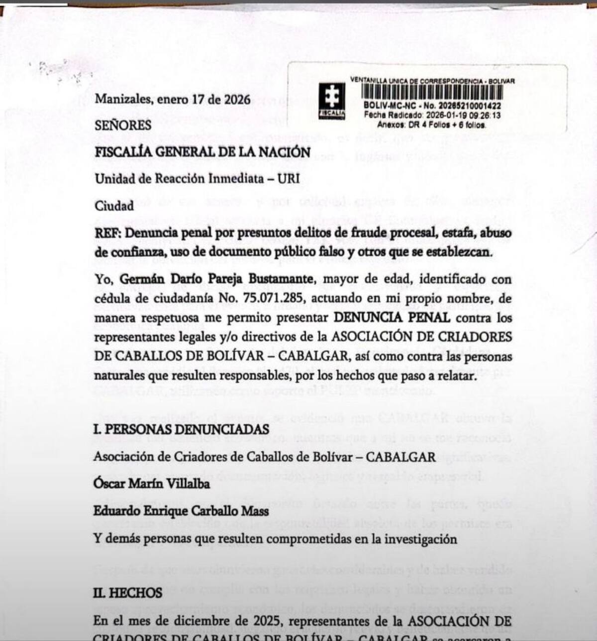 Denuncia ante las Fiscalía. // captura de pantalla de redes sociales