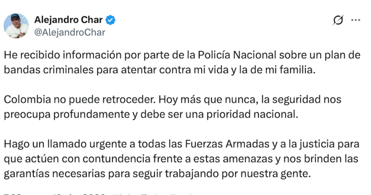 Estos fue lo que escribió el Barranquilla, Alejandro Char, en la redes sociales..//Captura de pantalla.