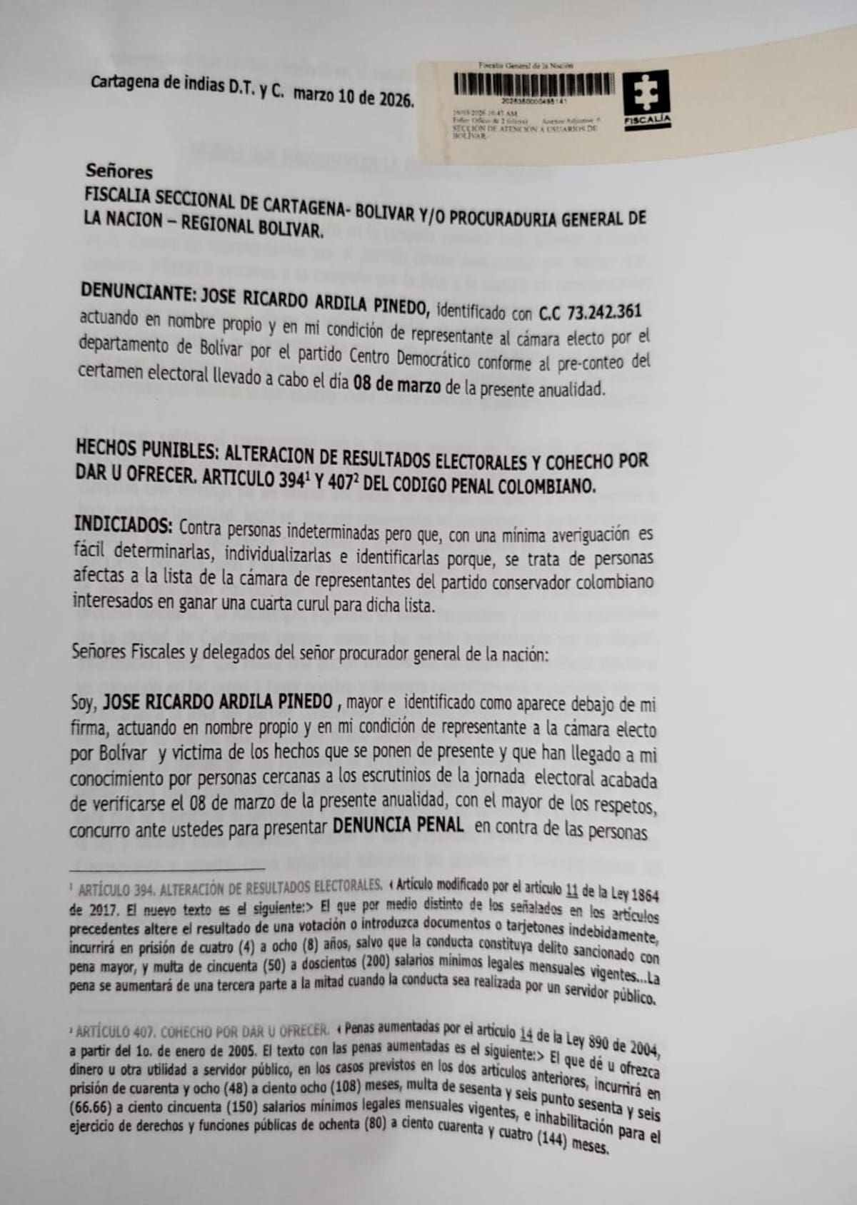 Jose Ardila Pinedo denunció ante la Fiscalía presuntas irregularidades en los escrutinios luego de las elecciones a la Cámara de Representantes. // Foto: Cortesía.