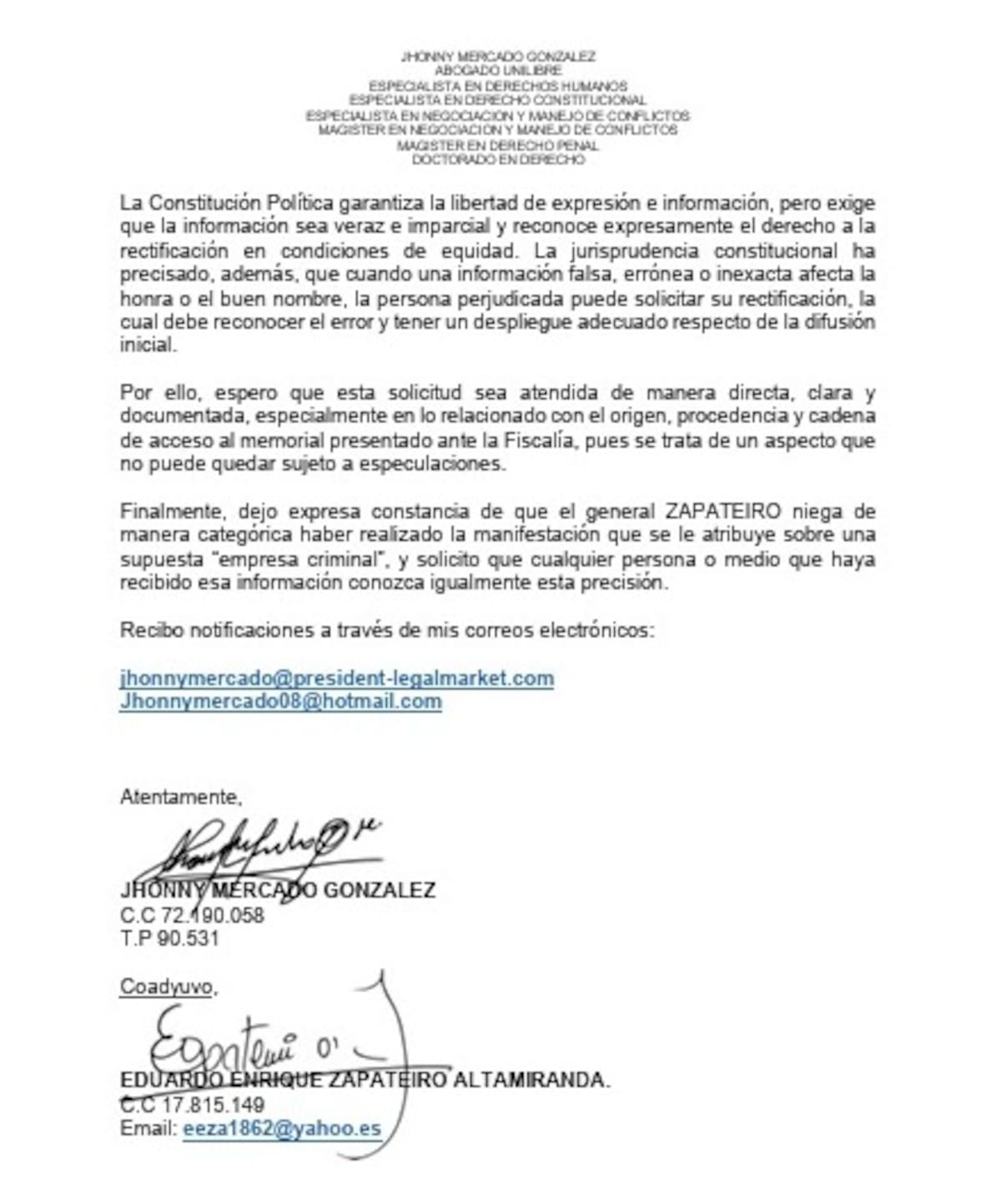 Derecho de petición enviado por el abogado del general retirado Eduardo Zapateiro. //Cortesía.