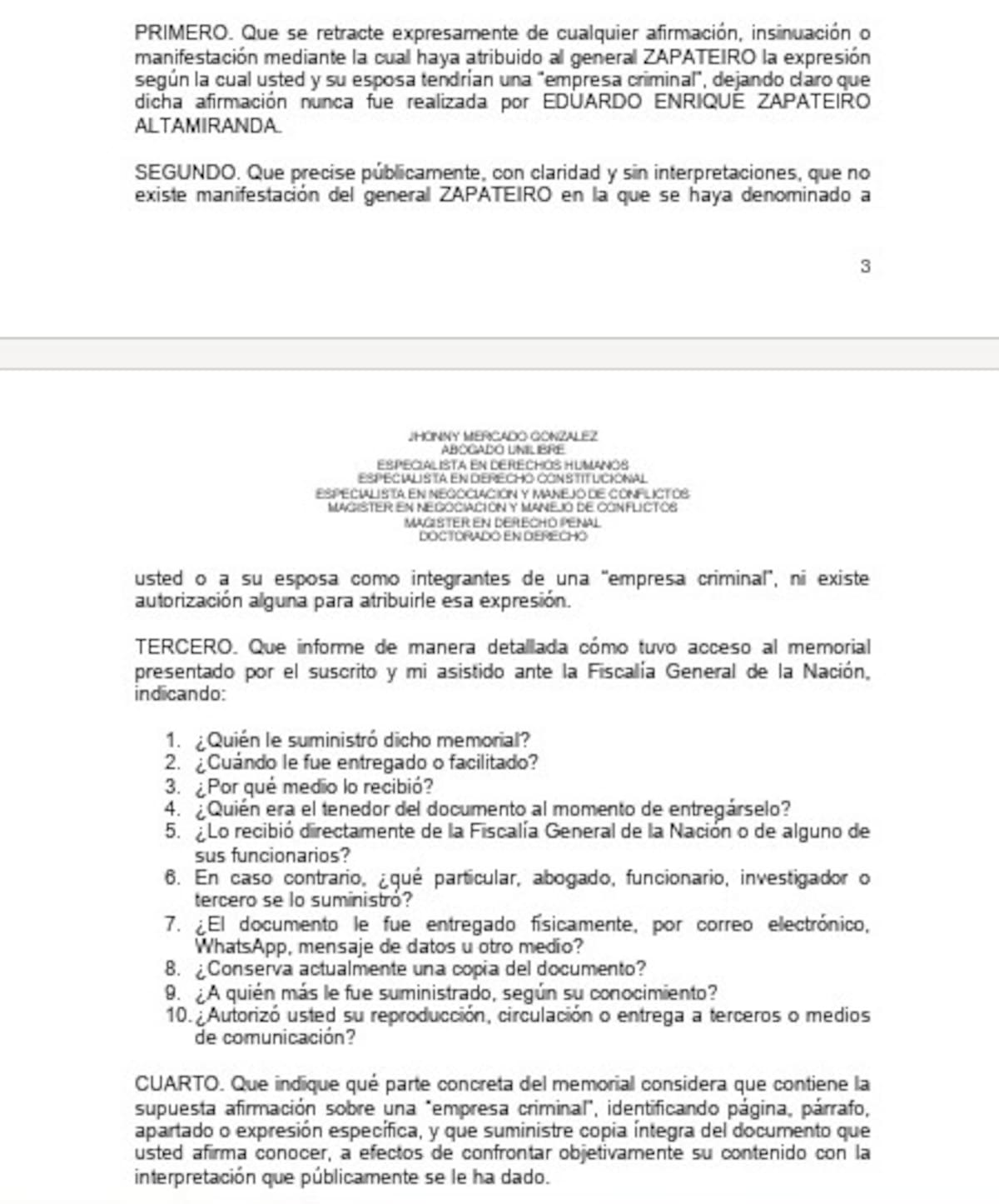 Derecho de petición enviado por el abogado del general retirado Eduardo Zapateiro. //Cortesía.