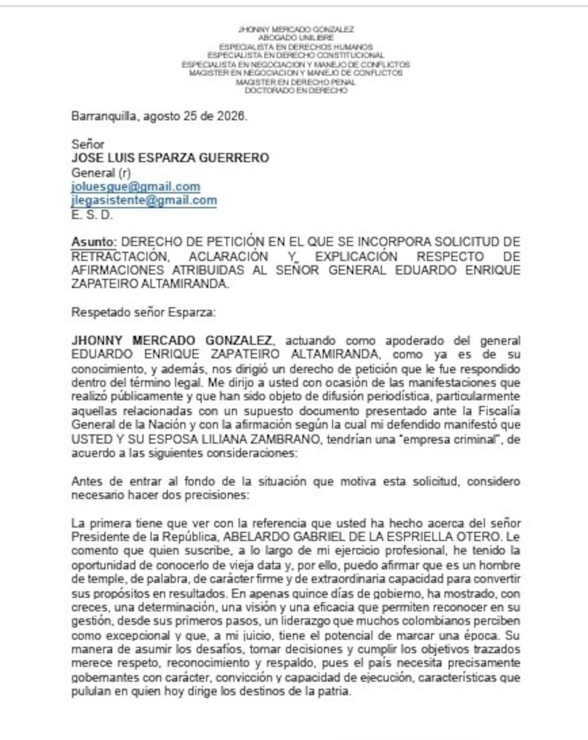 Derecho de petición enviado por el abogado del general retirado Eduardo Zapateiro. //Cortesía.