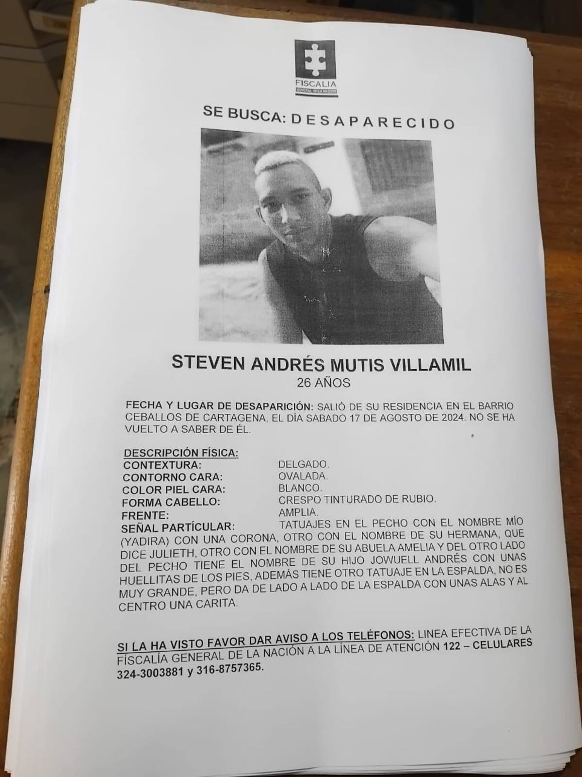 Ficha de búsqueda de la Fiscalía sobre Steven Mutis Villamil. //Cortesía Fiscalía