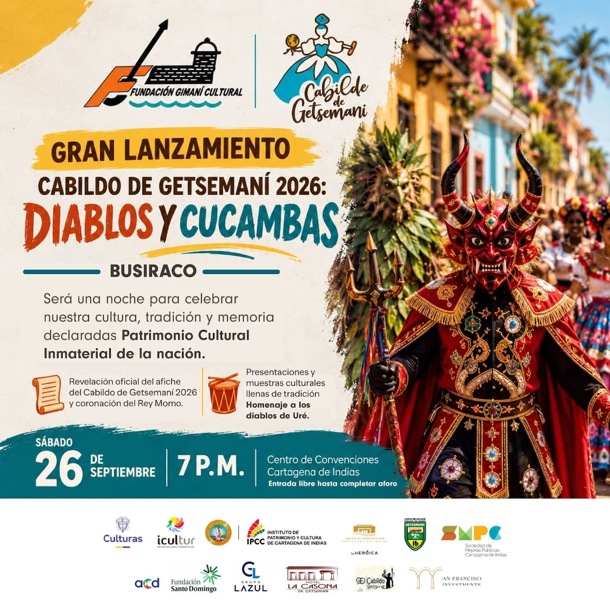“Diablos y Cucambas: Busiraco” será el eje del Cabildo de Getsemaní 2026, una celebración que busca resaltar la riqueza cultural del Caribe colombiano. // Cortesía