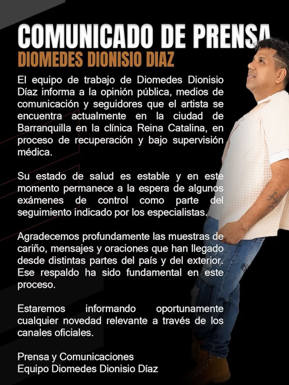 El equipo de prensa de Diomedes Dionisio Díaz compartió un comunicado en el que aclaró el estado actual de salud del artista. / Redes sociales