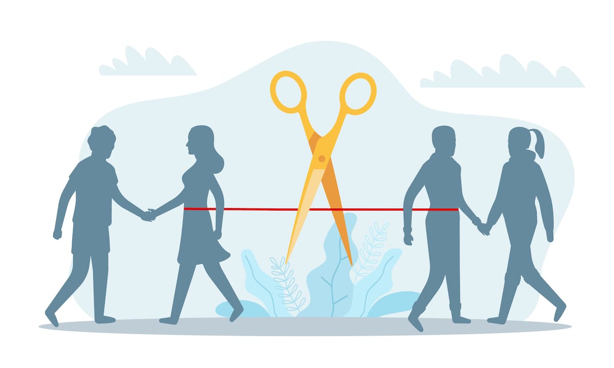 Divorce. Partners infidelity. Separation of broken marriage. Scissors cutting thread. Couple breakup. Family conflicted relationship. Unfaithful husband and wife meeting with lovers. Vector concept
