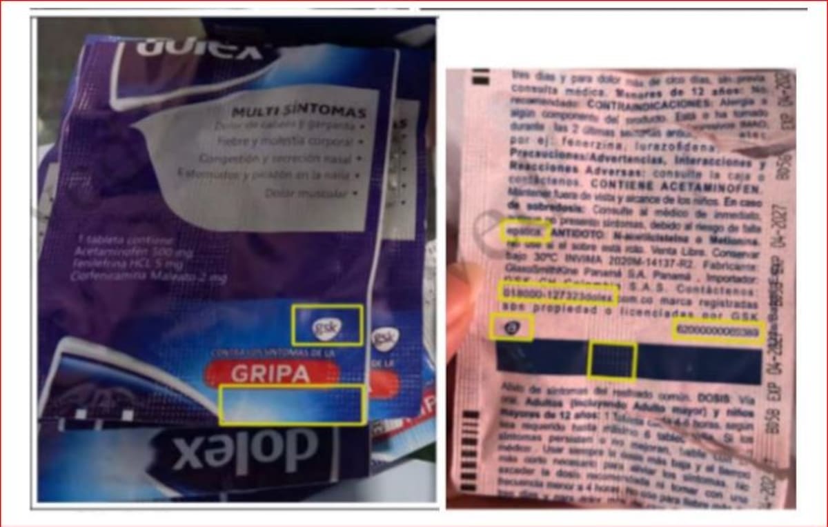 Dolex Contra los Síntomas de la Gripa Tabletas falsificado con características diferentes al original // Foto: Alerta Invima