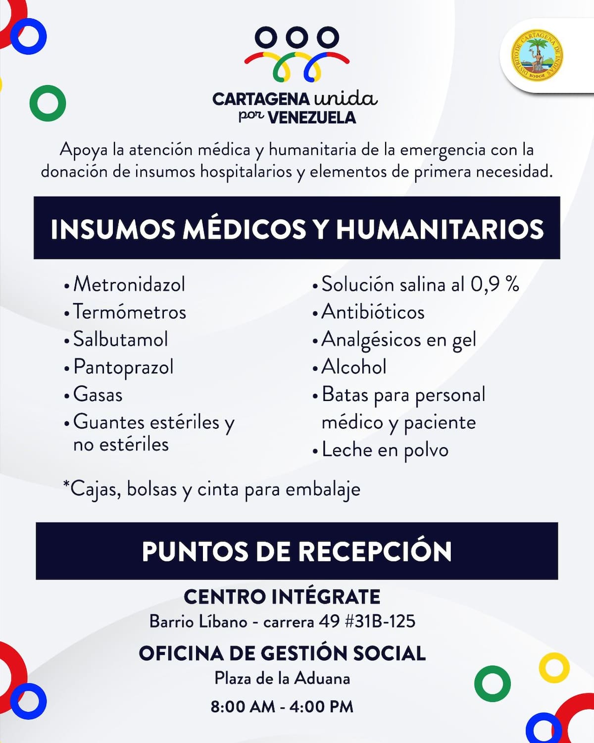 Estas son las donaciones priorizadas por la Alcaldía de Cartagena para enviar a los damnificados del terremoto en Venezuela el pasado 24 de julio. // Cortesía: Alcaldía de Cartagena.