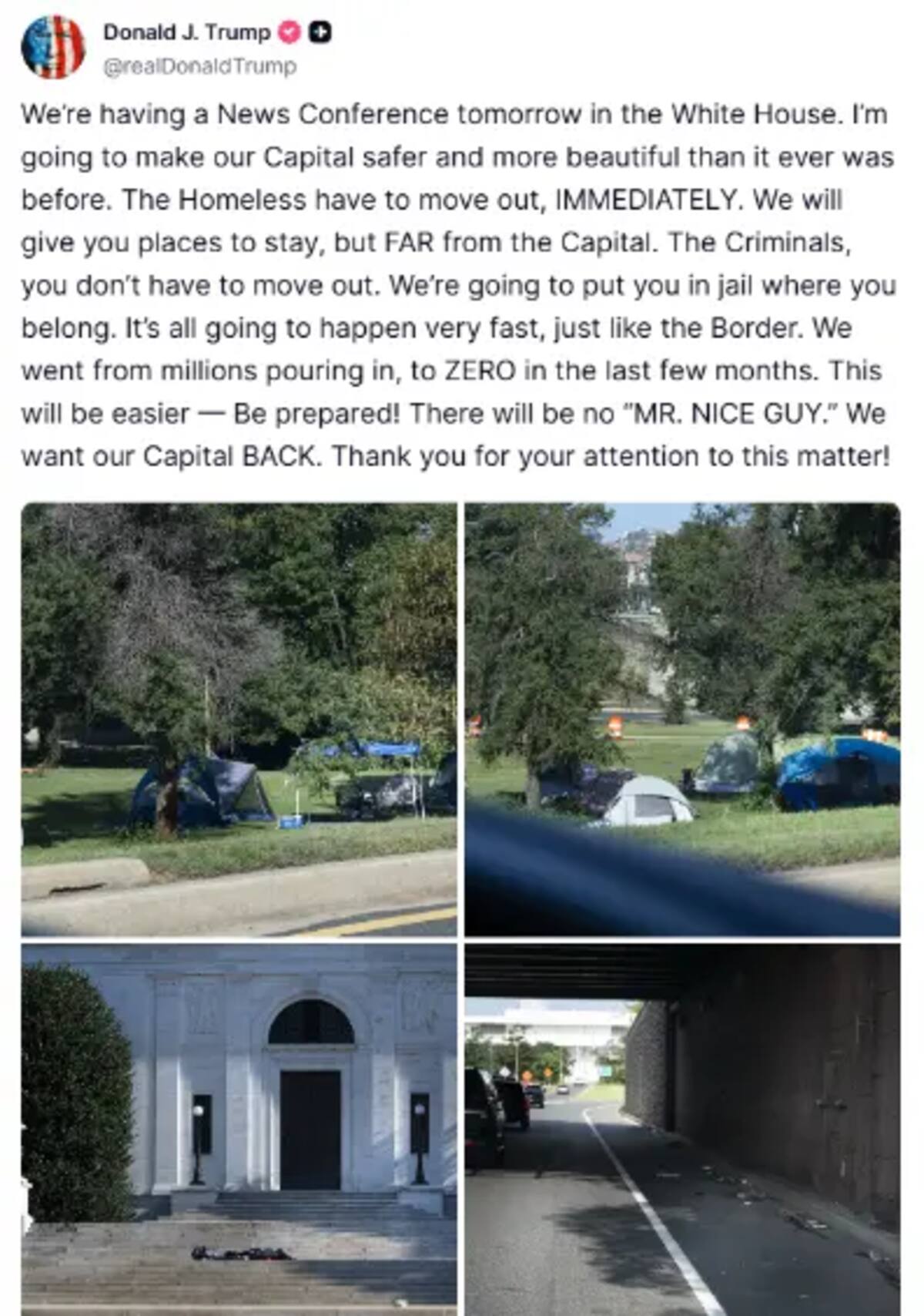 Donald Trump planea sacar a los habitantes de calle de Washington y genera polémica. // Foto: redes sociales