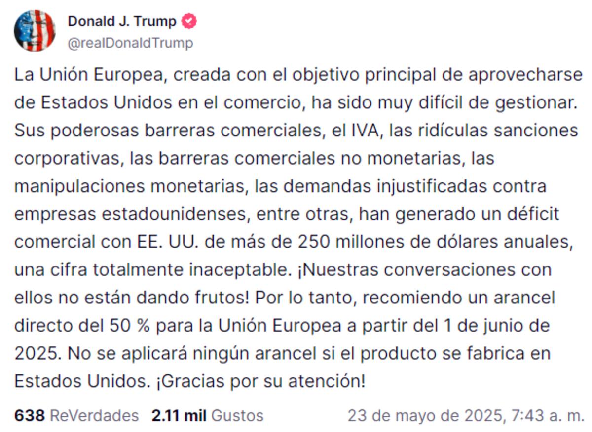 Donald Trump dijo que aplicará aranceles del 50% a los productos de la Unión Europea. // Foto: tomada de redes sociales