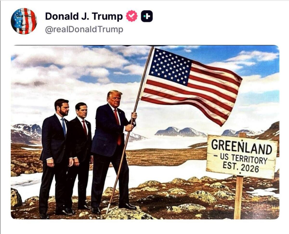 El presidente de Estados Unidos, Donald Trump, publicó este martes una imagen creada con Inteligencia Artificial (IA) en el que aparece junto a su secretario de Estado, Marco Rubio, y su vicepresidente J.D. Vance, plantando una bandera estadounidense junto a un cartel que dice Groenlandia, territorio de Estados Unidos. //EFE/ Red social Truth.