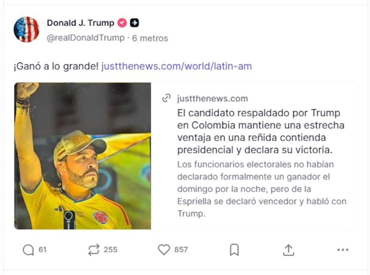 Captura de una publicación en la cuenta en Truth Social @realDonaldTrump del presidente de EE. UU., Donald Trump, donde celebra la victoria del ultraderechista Abelardo de la Espriella en las elecciones de Colombia. // Foto: EFE/ @realDonaldTrump /SOLO USO EDITORIAL/ SOLO DISPONIBLE PARA ILUSTRAR LA NOTICIA QUE ACOMPAÑA (CRÉDITO OBLIGATORIO)
