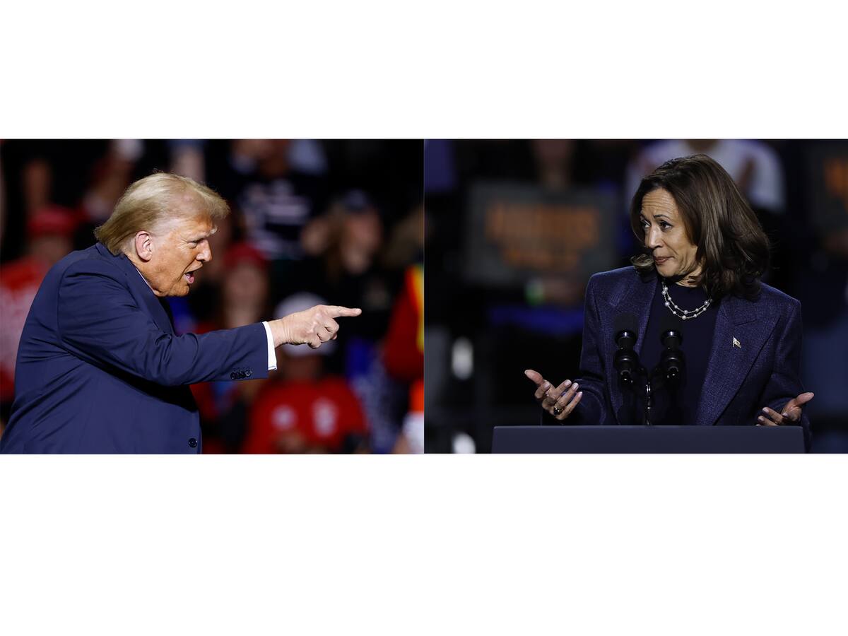 La vicepresidenta estadounidense y candidata demócrata a la Casa Blanca, Kamala Harris (d), y al exmandatario republicano Donald Trump (2017-2021), durante la campaña presidencial en Estados Unidos. // EFE.