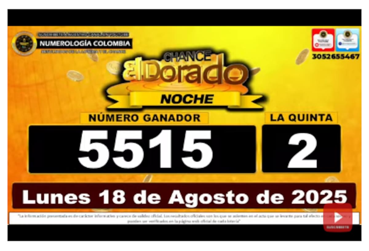 Resultado del sorteo de El Dorado Noche del 18 de agosto de 2025.
