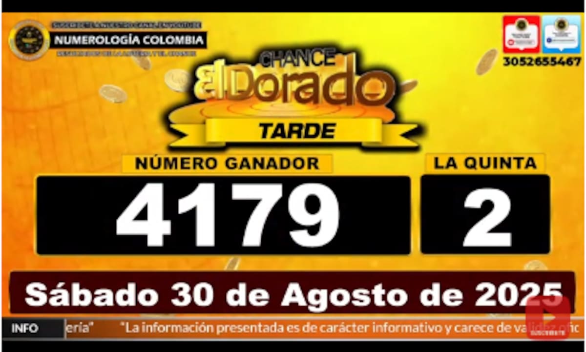 Resultado del sorteo El Dorado Tarde del 30 de agosto de 2025.