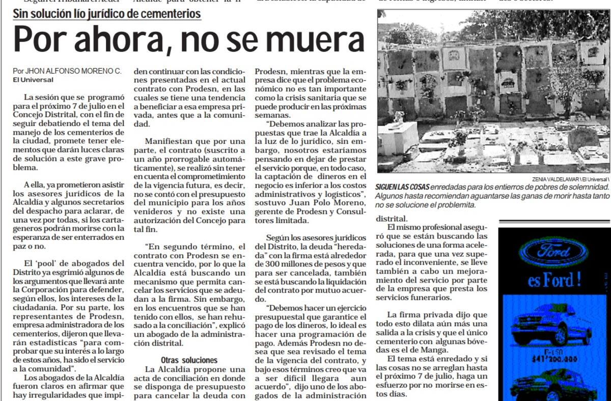 En el 2000, había una crisis en los cementerios públicos de Cartagena por falta de bóvedas, así lo relató El Universal en una edición impresa de julio de ese año. // Archivo El Universal