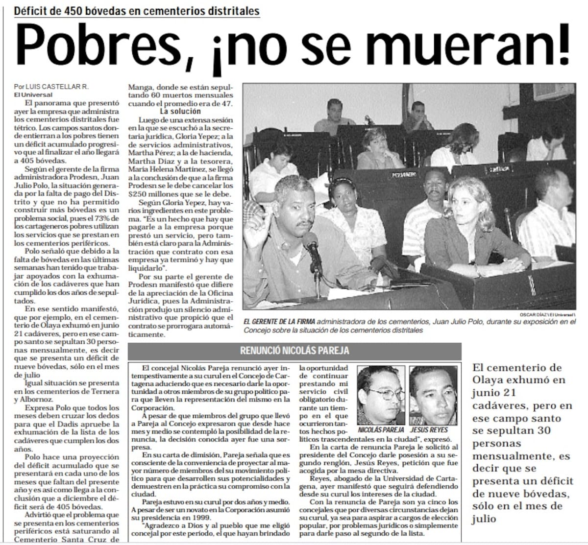 En el 2000, había una crisis en los cementerios públicos de Cartagena por falta de bóvedas, así lo relató El Universal en una edición impresa de julio de ese año. // Archivo El Universal