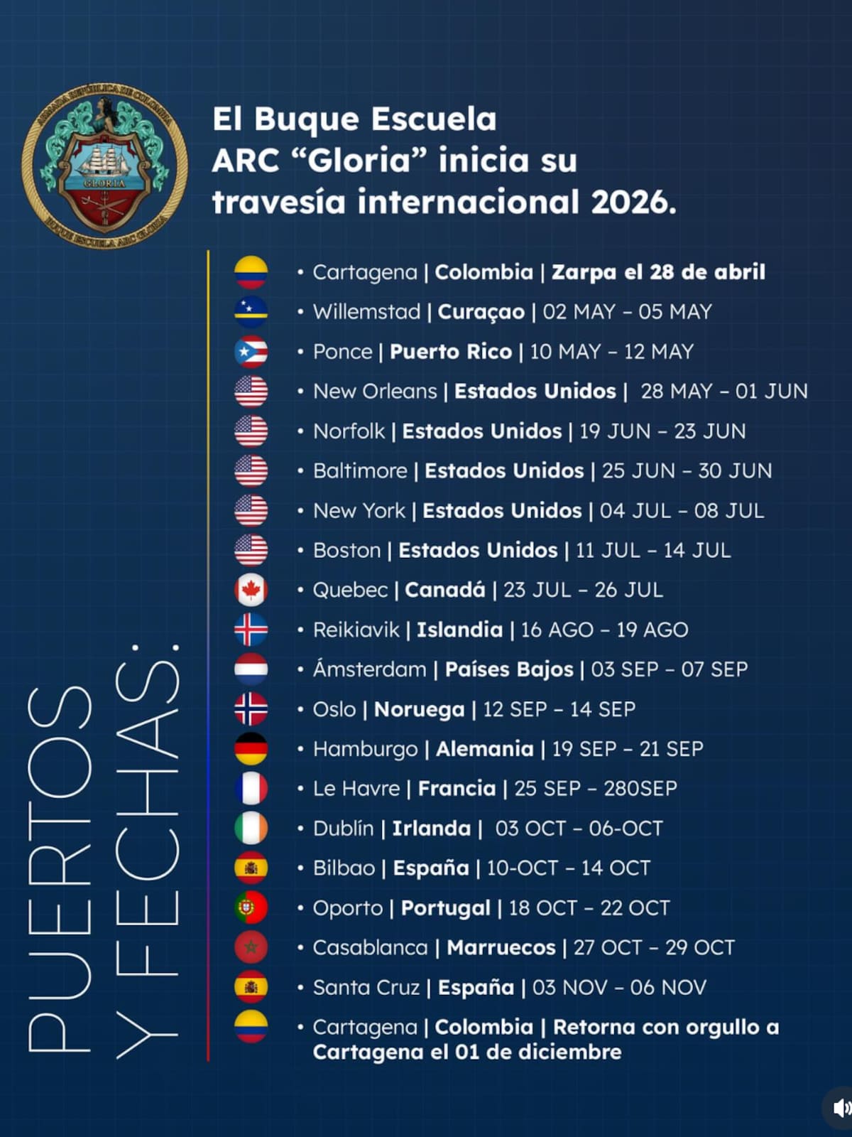 El buque escuela ARC Gloria inicia travesía internacional 2026 desde Cartagena. // captura de pantalla de Instagram