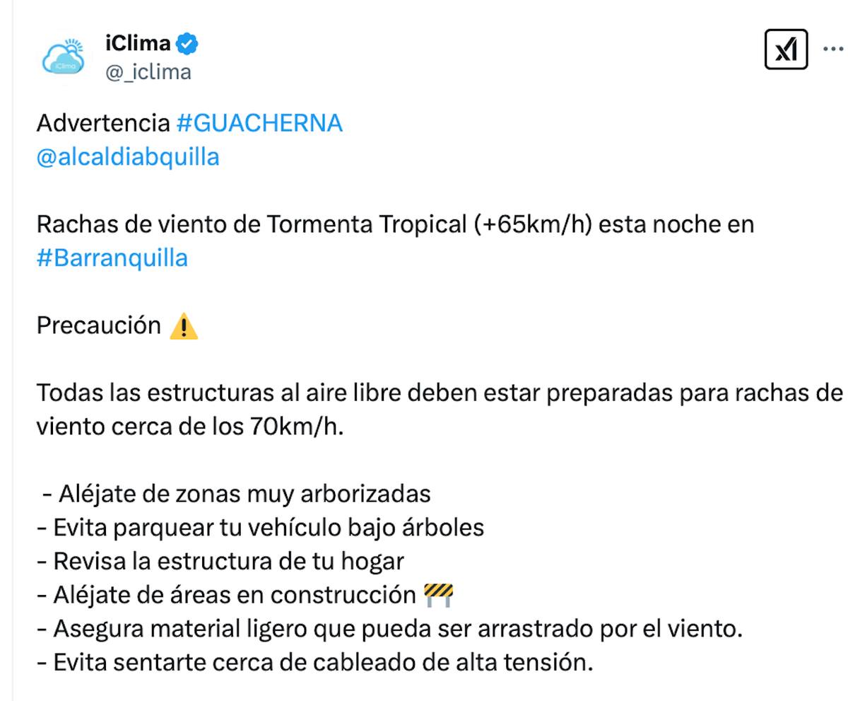 La cuenta ¡Clima publicó cómo estarán los vientos durante La Guacherna que se celebra este sábado en Barranquilla.//Captura de pantalla.