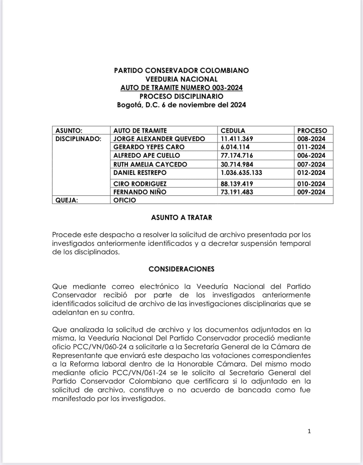 El Partido Conservador mantiene un proceso disciplinario contra seis miembros de la colectividad.