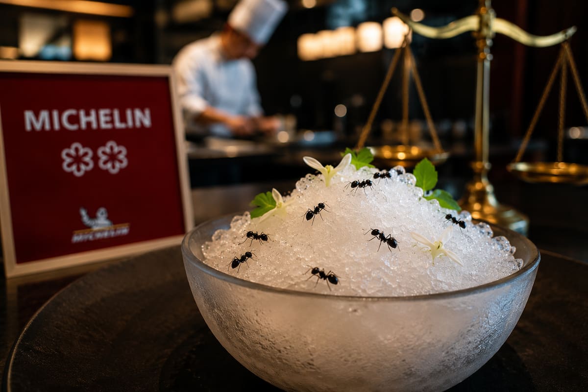 El postre con hormigas que puso contra las cuerdas a un chef Michelin. // Imagen recreada con ayuda de la IA.