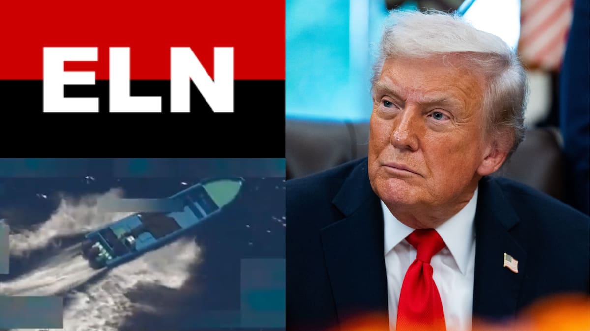 Imagen diseñada en la que se ilustra la bandera del Ejército de Liberación Nacional (Eln), la "narcolancha" atacada en el Pacífico colombiano y el presidente de los Estados Unidos, Donald Trump.