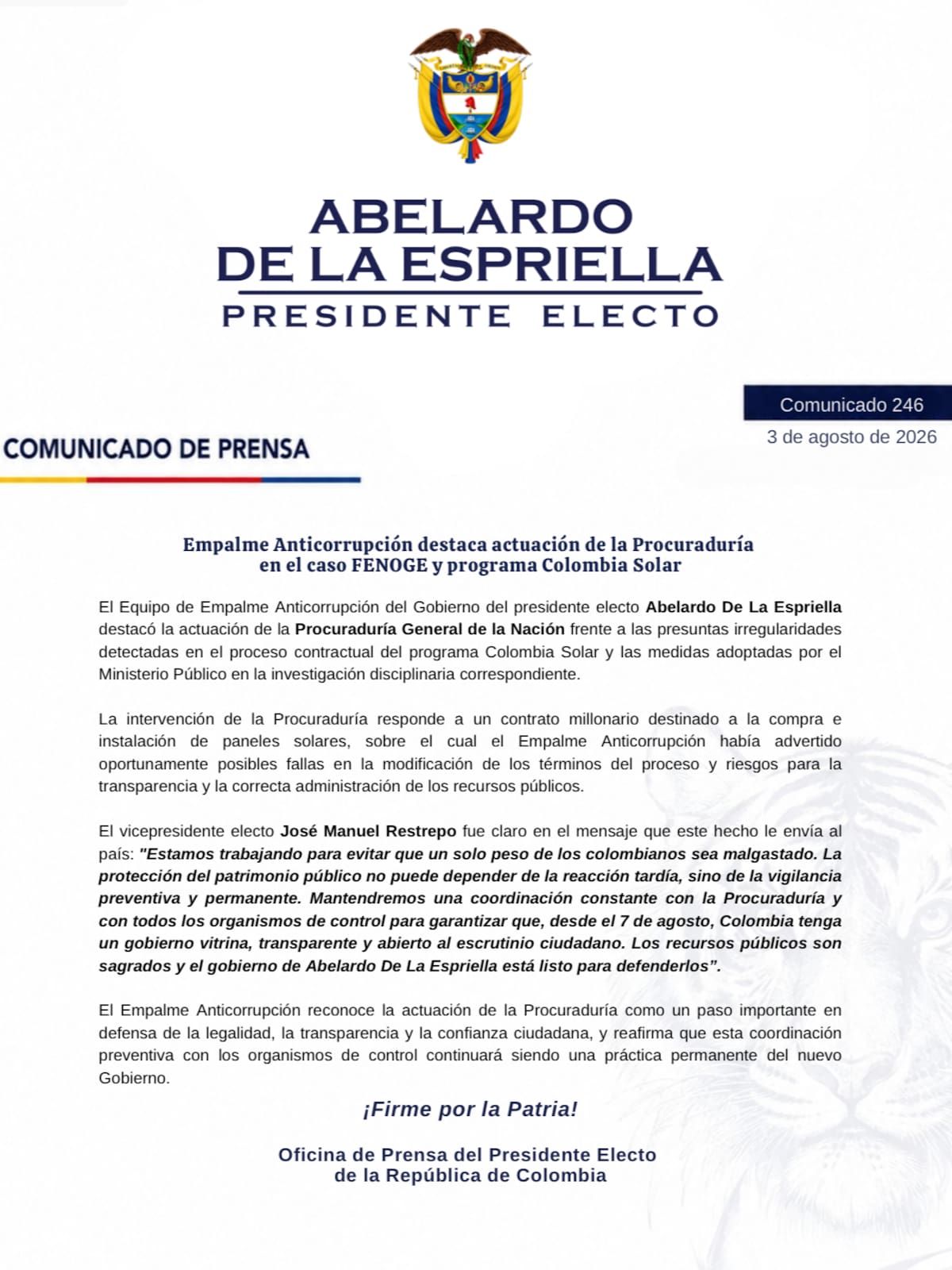 Empalme de De la Espriella insiste en presuntas irregularidades de Colombia Solar. // captura de pantalla del comunicado