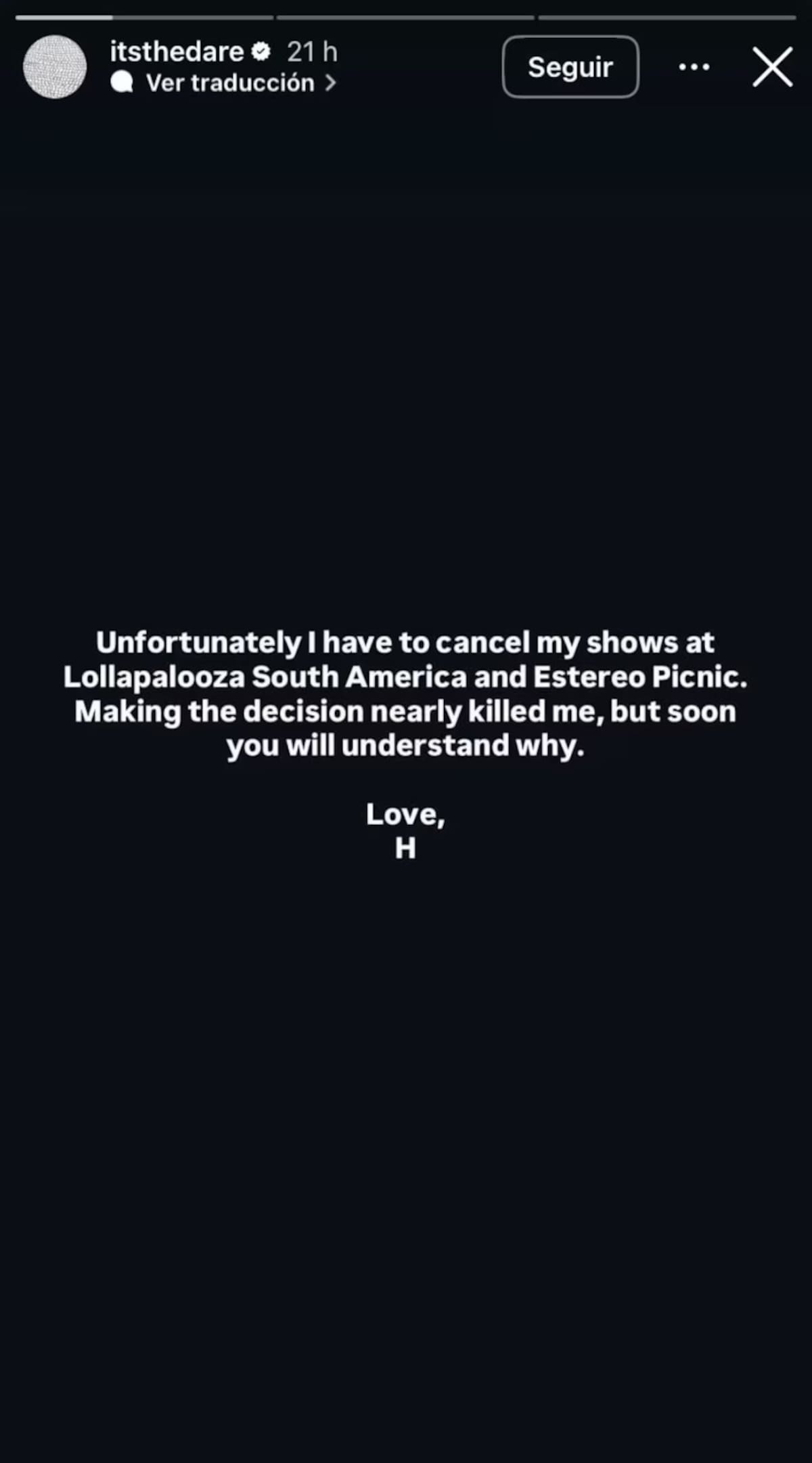 The Dare anuncia su cancelación al Festival Estéreo Picnic 2026. //Foto: IG @itsthedare.
