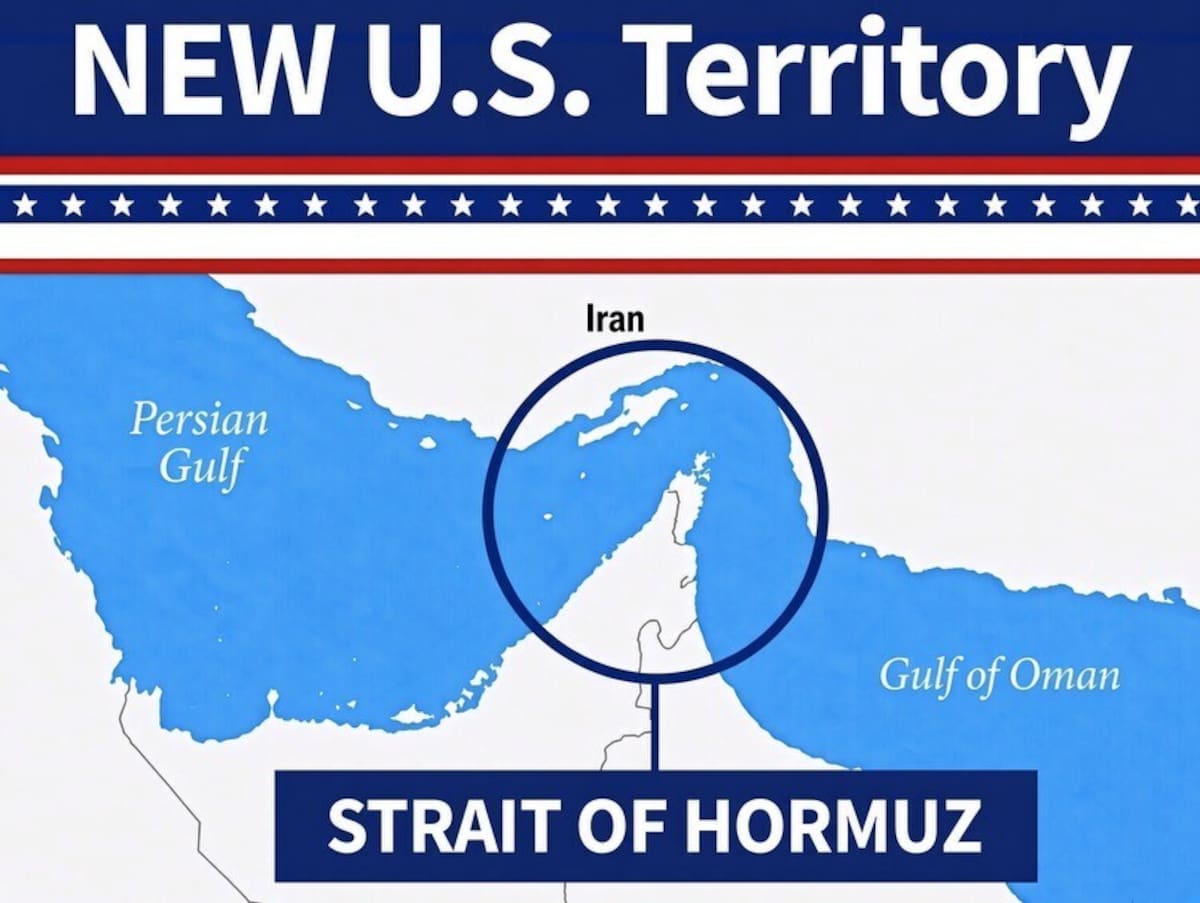 Imagen publicada por Donald Trump, donde indica que el estrecho de Ormuz es territorio de Estados Unidos. // Foto: tomada de Truth Social - Donald Trump.
