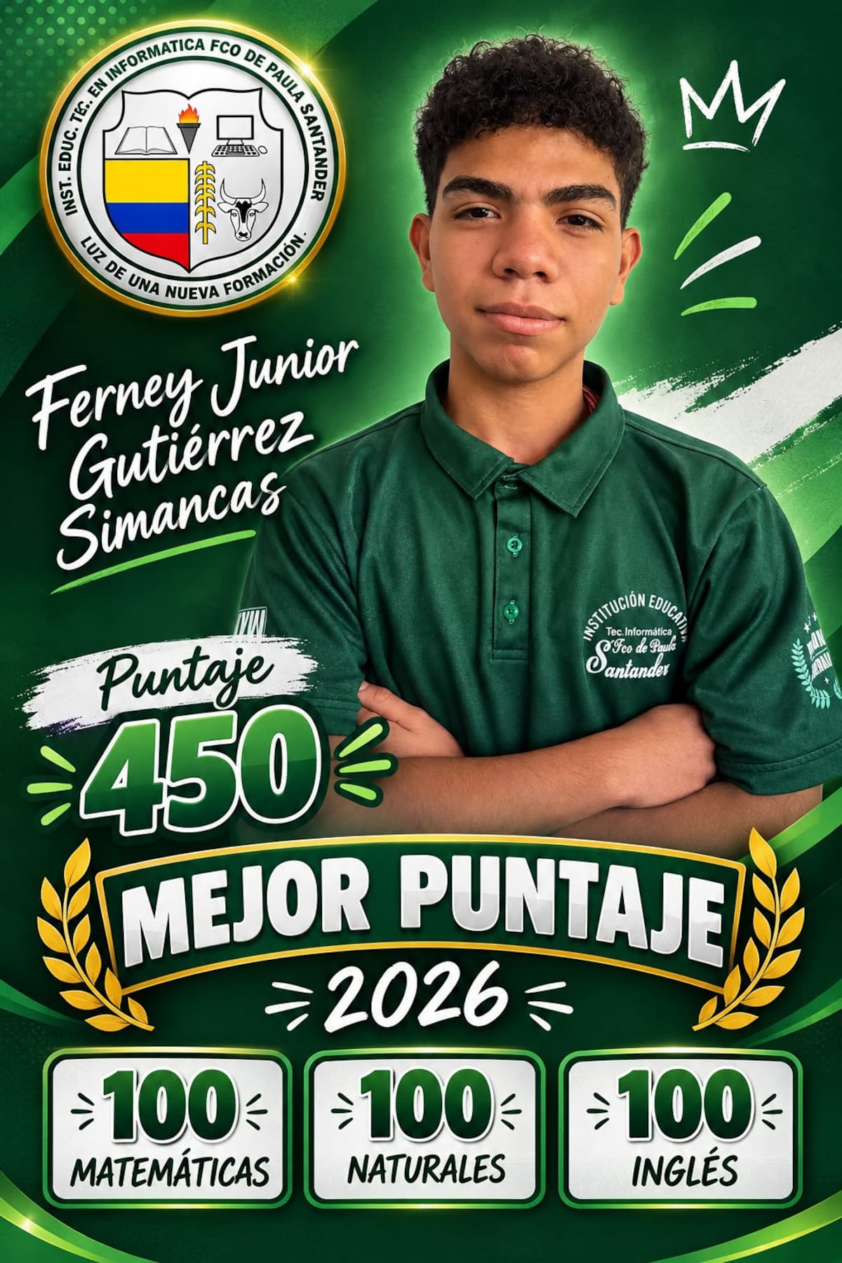 Estudiante en Arjona que alcanzó un puntaje de 450 en las Pruebas Saber 11. // Foto: cortesía.