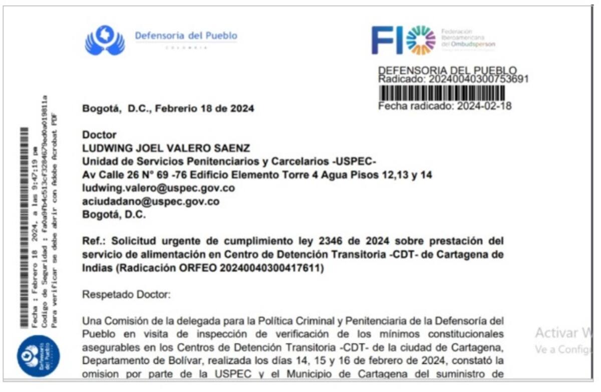 Evidencia de las solicitudes de la Defensoría y el Distrito a la Unidad de Servicios Penitenciarios y Carcelarios -USPEC-.//Foto: cortesía