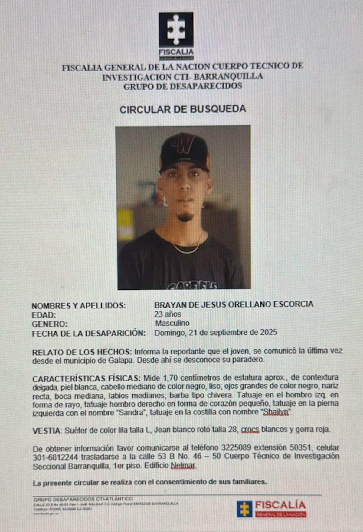 Esta fue la denuncia que hizo la madre de Brayan de Jesús Orellano Escorcia el día que desapareció.//Cortesía.